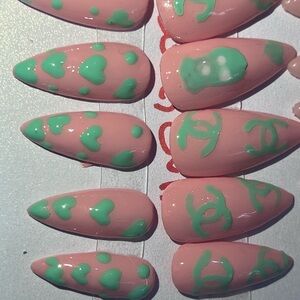 Peach Pink Press-On Nails with Mint Green Accents